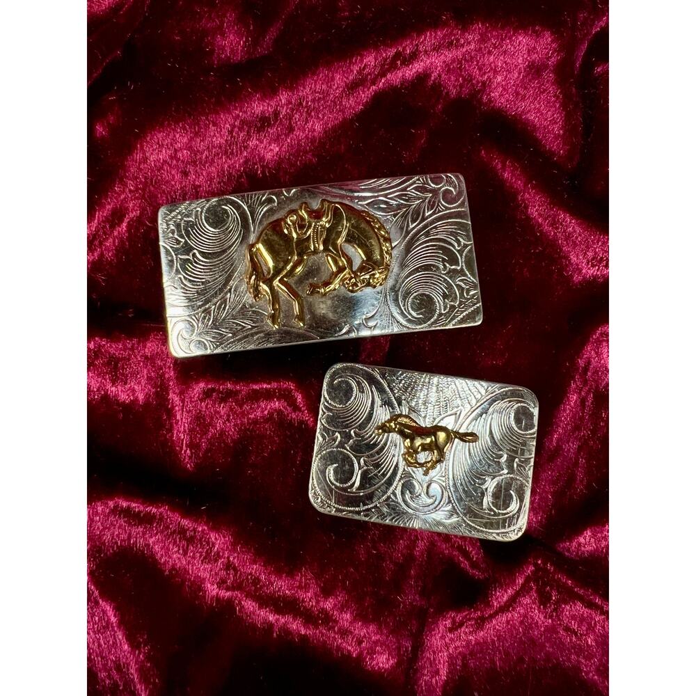 Vintage Nickel Silver Western Belt Buckle Pair Bucking Bronco & Mustang Engraved